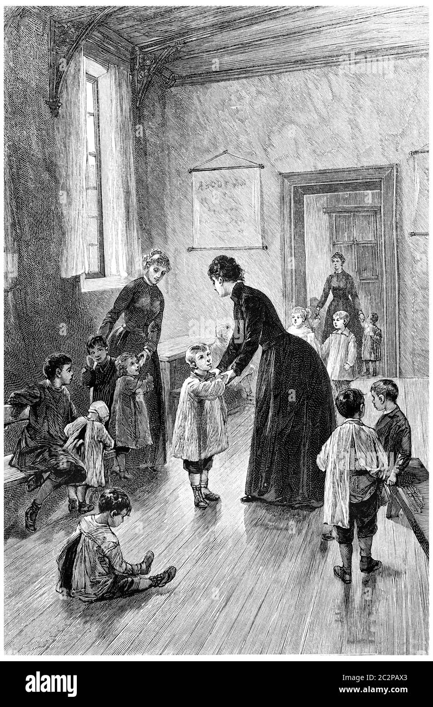 La signora Branican è venuta ogni giorno a visitare, illustrazione vintage incisa. Jules Verne Mistress Branican, 1891. Foto Stock