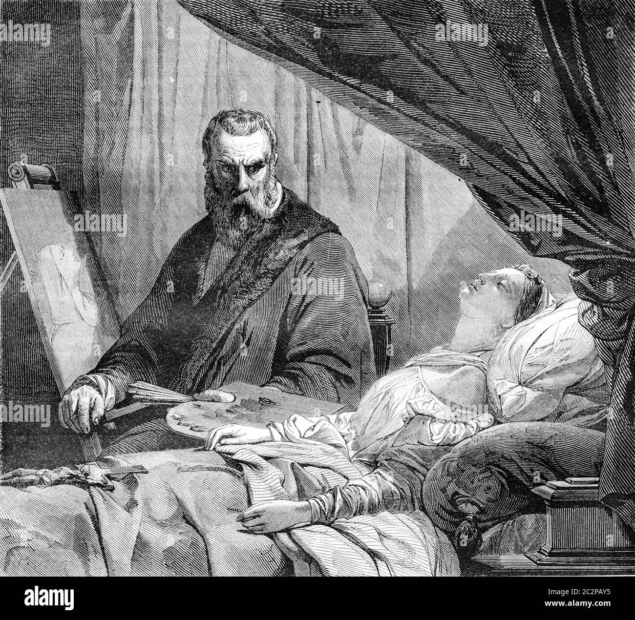 Tintoretto e sua figlia, illustrazione d'epoca incisa. Magasin Pittoresque 1843. Foto Stock