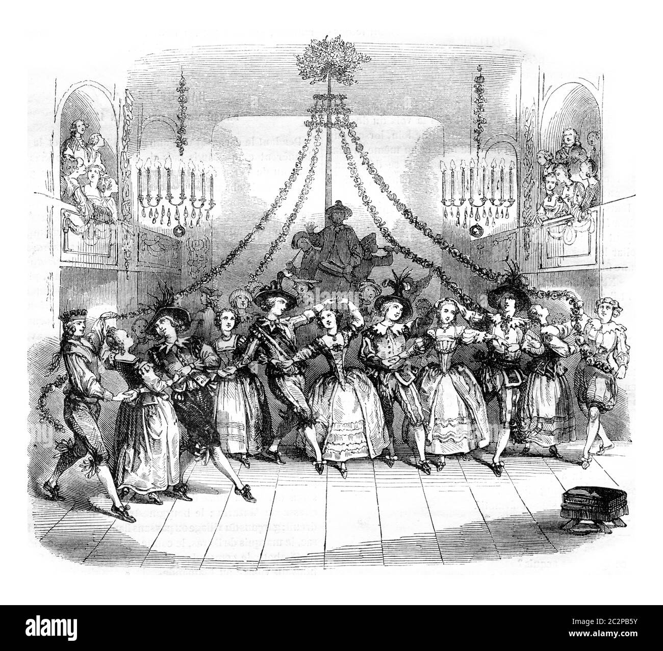 La sala da ballo May regala Versailles durante il carnevale dell'anno 1763, illustrazione d'epoca incisa. Magasin Pittoresque 1844. Foto Stock