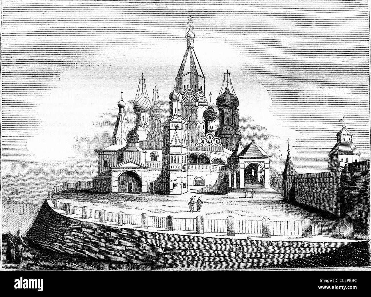 Vista della chiesa di Basile, vicino al Cremlino, Mosca, illustrazione d'epoca incisa. Magasin Pittoresque 1836. Foto Stock