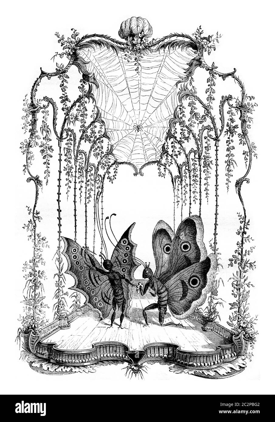 Papillonnerie umane di St. Aubin, un palcoscenico teatrale, illustrazione d'epoca incisa. Magasin Pittoresque 1836. Foto Stock