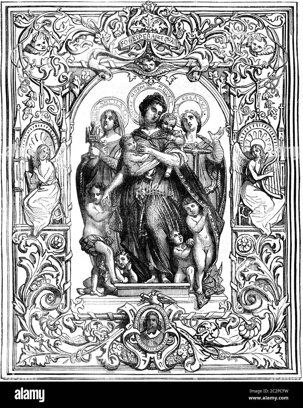 Progetto di un email pittura su lava. Faith, Hope and Charity, illustrazione d'epoca incisa. Magasin Pittoresque 1841. Foto Stock