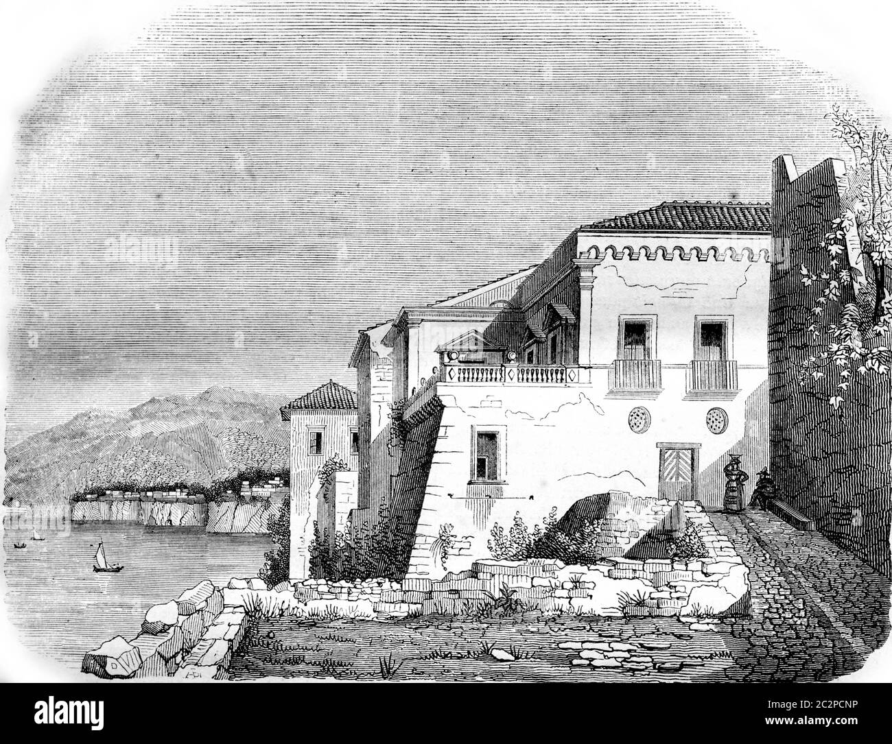 Coffee House a Sorrento, illustrazione d'epoca incisa. Magasin Pittoresque 1842. Foto Stock