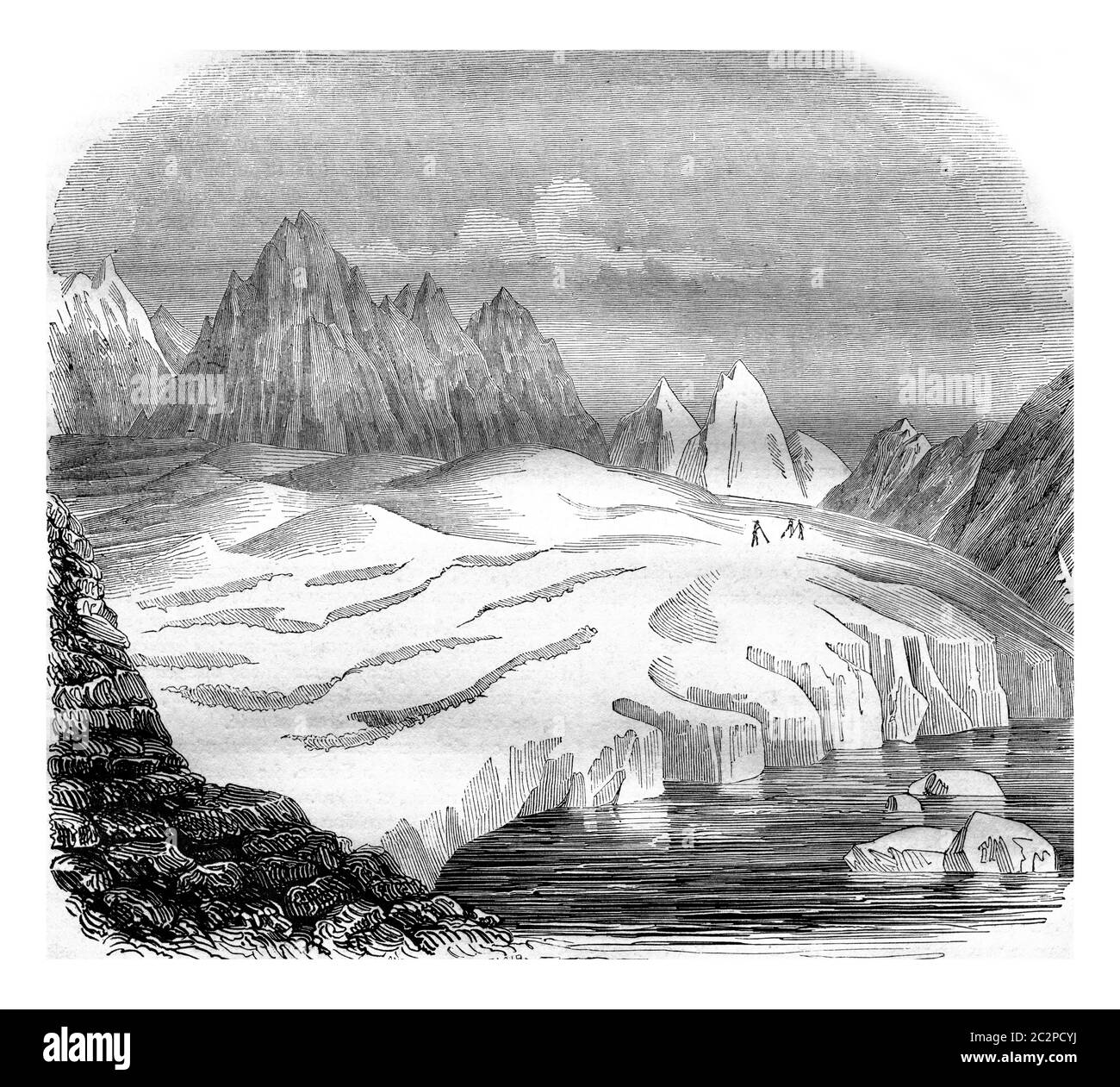 Il ghiacciaio dell'Aletsch, il lago Merrill, illustrazione d'epoca incisa. Magasin Pittoresque 1842. Foto Stock