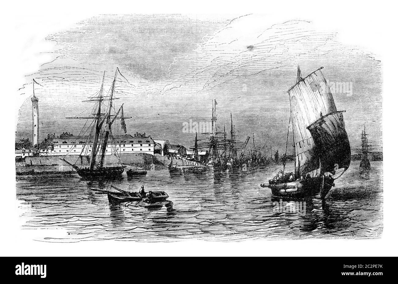 Vista del porto di Lorient in Bretagna, dipartimento di Morbihan, annata illustrazione incisa. Magasin Pittoresque 1843. Foto Stock