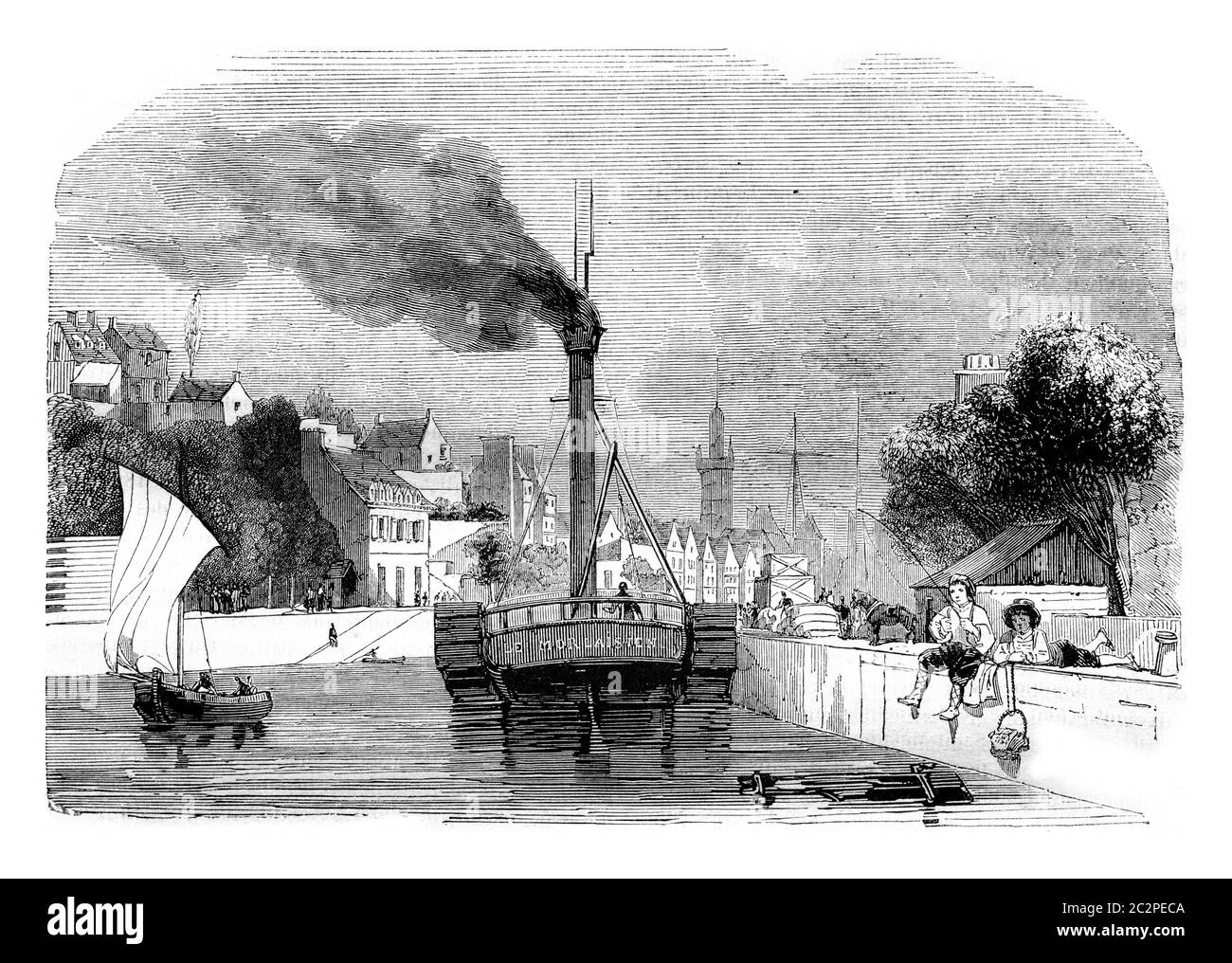 Vista di Morlaix, dipartimento di Finistere, illustrazione d'epoca incisa. Magasin Pittoresque 1843. Foto Stock