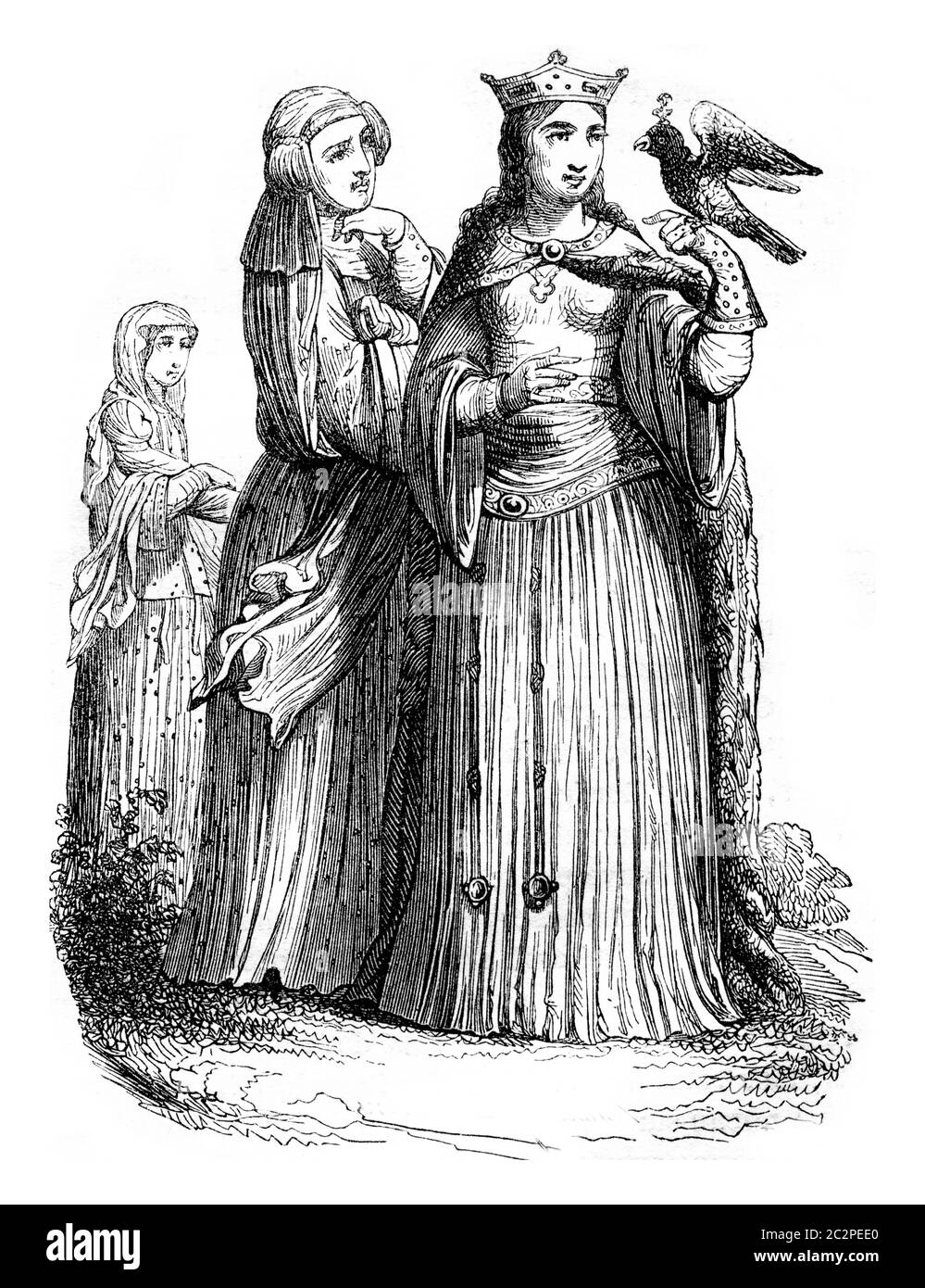 Principessa e Signore della corte di Carlo il Calvo, illustrazione d'epoca incisa. Magasin Pittoresque 1843. Foto Stock