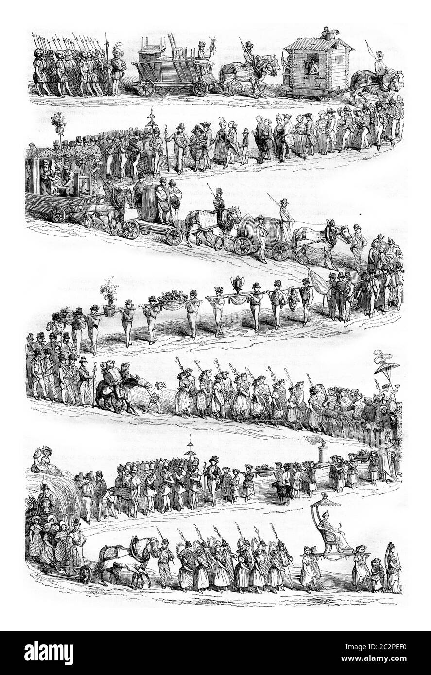 Festival dei viticoltori, Vevey, fine della processione, annata illustrazione incisa. Magasin Pittoresque 1843. Foto Stock