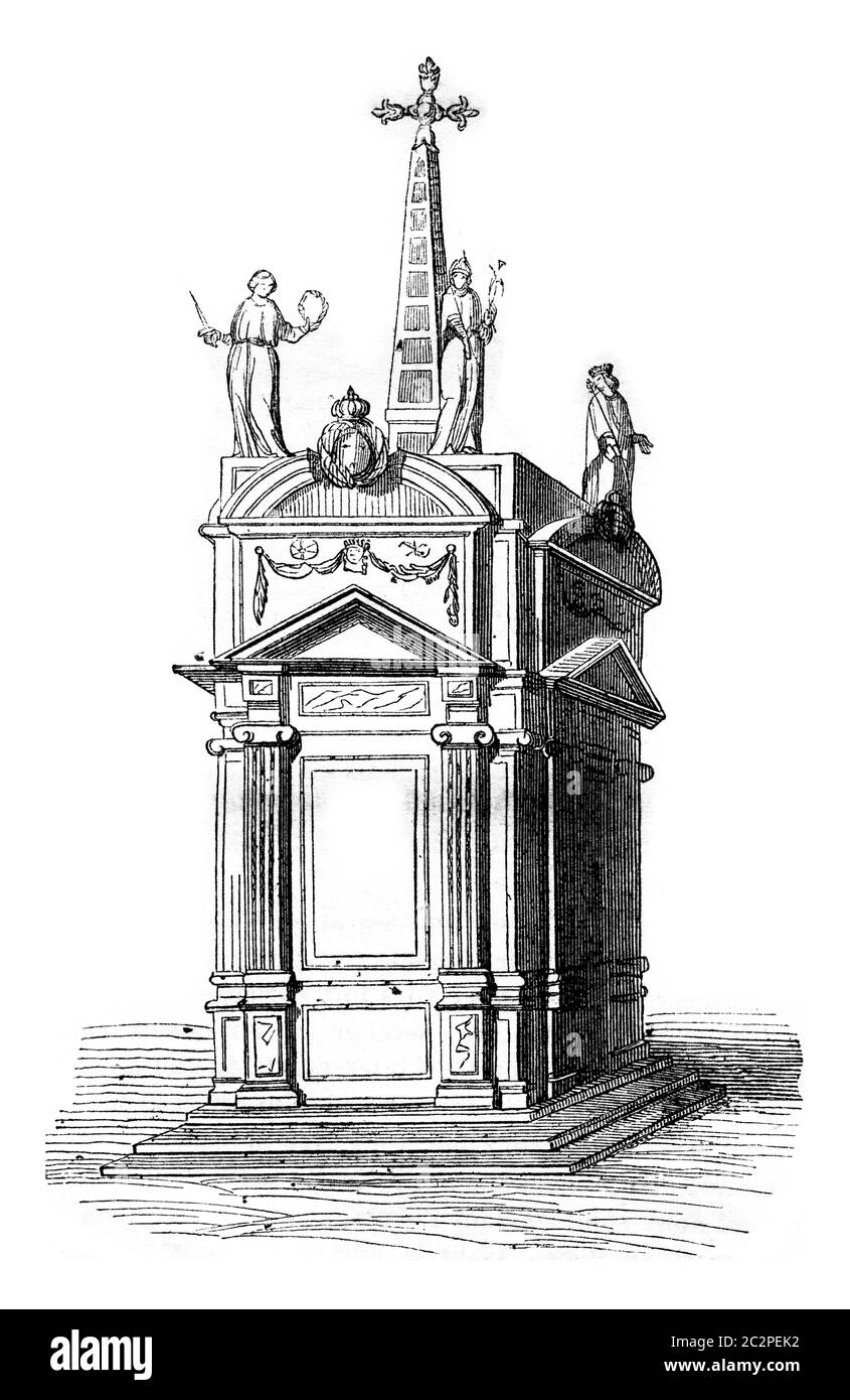 Piramide che era stata sollevata nel 1595 sul sito della casa di Jean Chatel, annata illustrazione incisa. Magasin Pittoresque 1843. Foto Stock