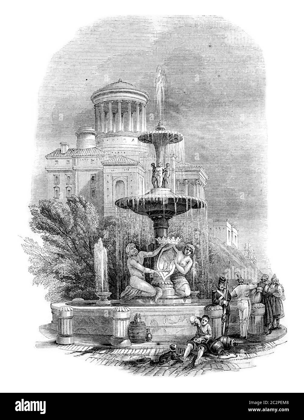 Fontana, il Prado, illustrazione d'epoca incisa. Magasin Pittoresque 1844. Foto Stock