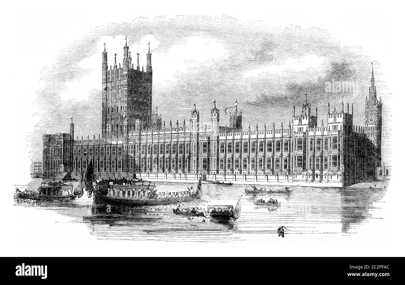 Le nuove Camere del Parlamento britannico, illustrazione d'epoca incisa. Magasin Pittoresque 1844. Foto Stock