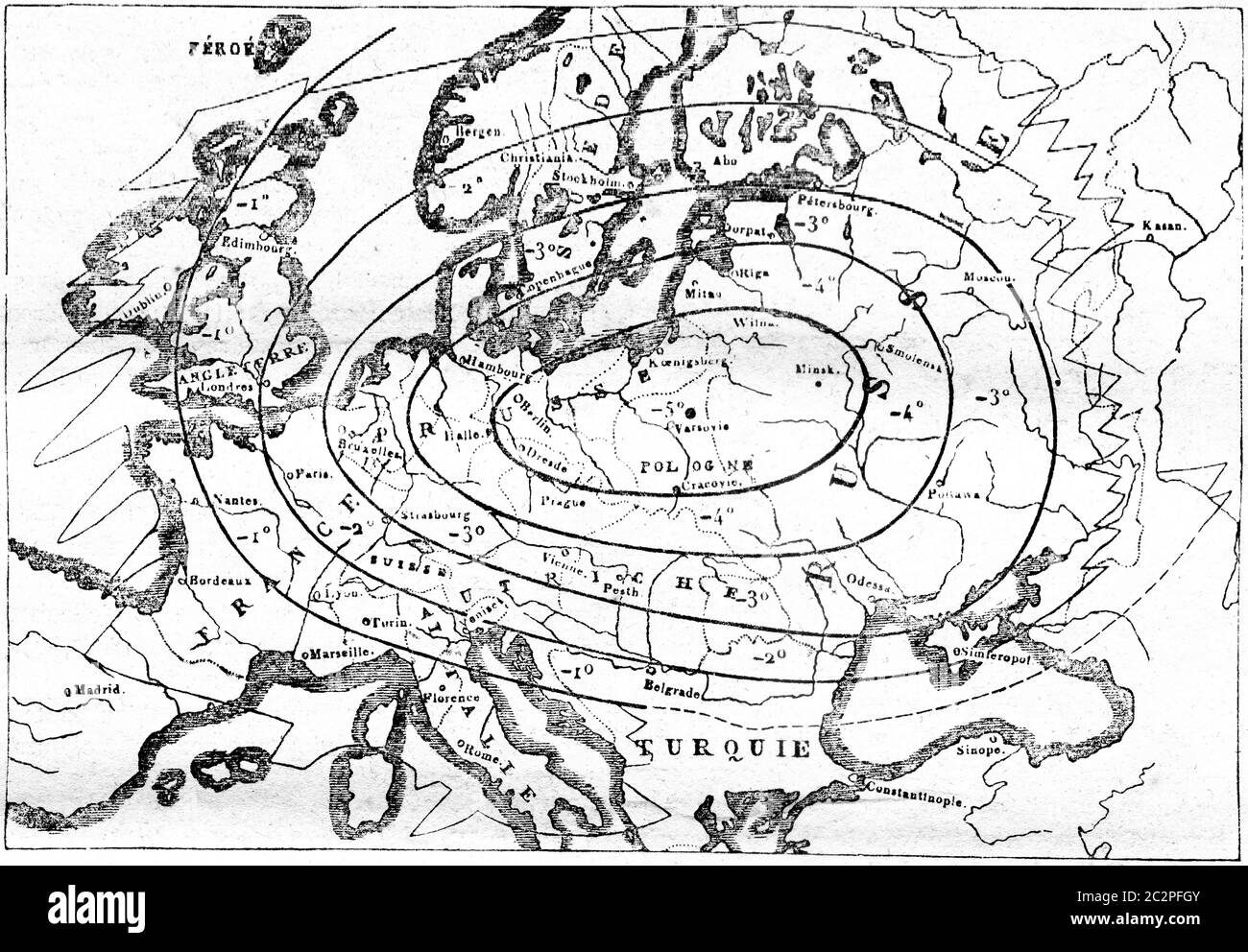 Mappa della distribuzione del calore in Europa durante l'inverno, illustrazione d'annata incisa. Magasin Pittoresque 1845. Foto Stock