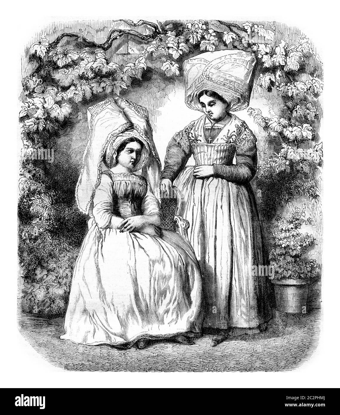 Costumi da donna dell'isola di Re, illustrazione d'epoca incisa. Magasin Pittoresque 1861. Foto Stock