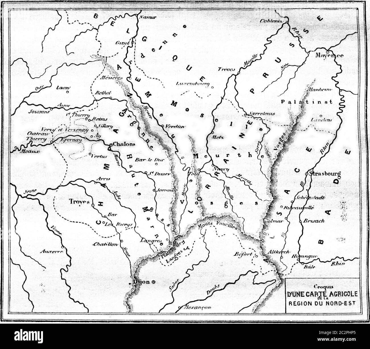 Mappa agricola della regione nord-orientale, illustrazione vintage incisa. Magasin Pittoresque 1861. Foto Stock