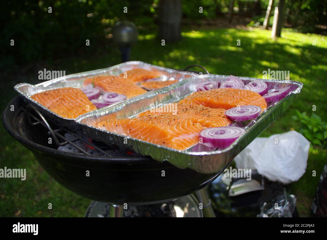 Salmone e cipolla sulla griglia del giardino. Mangiare all'aperto o in campeggio. Pezzi di pesce caldi e freschi. Foto Stock