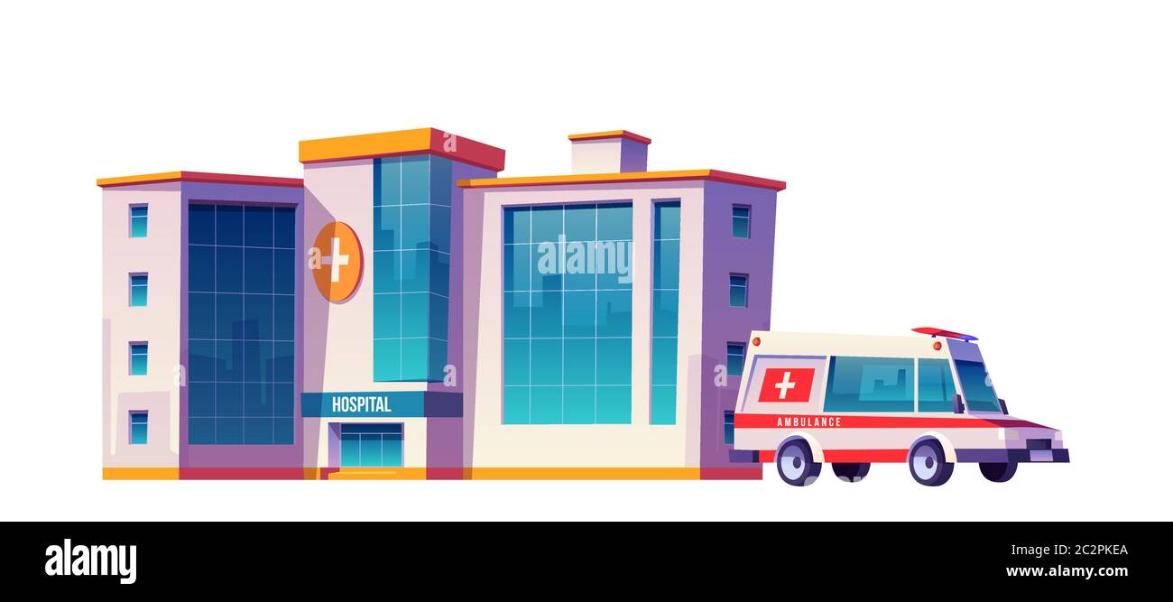 Edificio ospedaliero e auto ambulanza isolato su sfondo bianco. Cartoni animati vettoriali illustrazione di clinica medica, pronto soccorso urgente, soccorso di emergenza e servizio ambulatorio Illustrazione Vettoriale