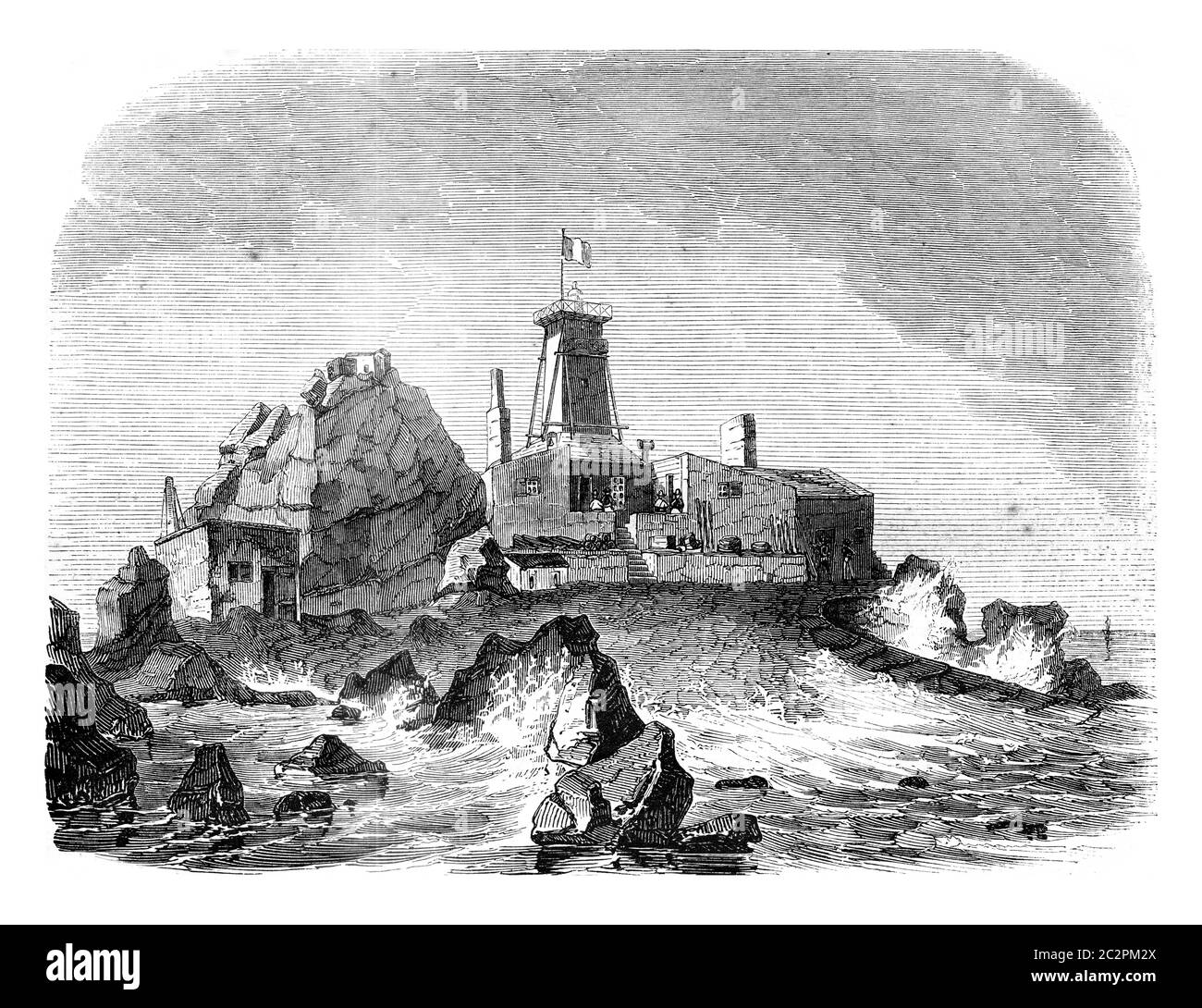 Vista del faro provvisorio e dimora sulla roccia di Heaux, in alto mare, immagine d'epoca incisa. Magasin Pittoresque 1845. Foto Stock
