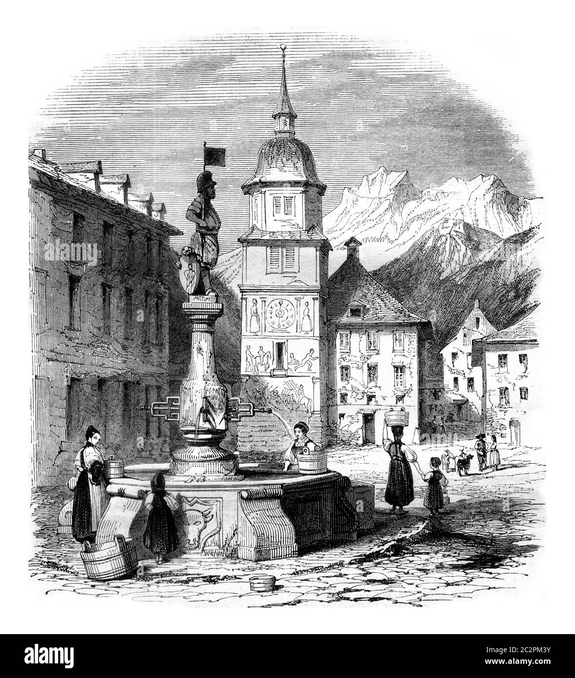 Vista sulla piazza principale di Altdorf, capitale del cantone di Uri, illustrazione d'epoca incisa. Magasin Pittoresque 1845. Foto Stock