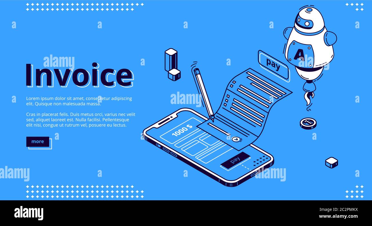 Pagina di destinazione isometrica della fattura. Grande fattura per il pagamento di tasse o servizi e schermo smartphone con interfaccia, ai. Shopping, banking, contabilità Paycheck, smart Technologies 3D vettoriale line art banner web Illustrazione Vettoriale