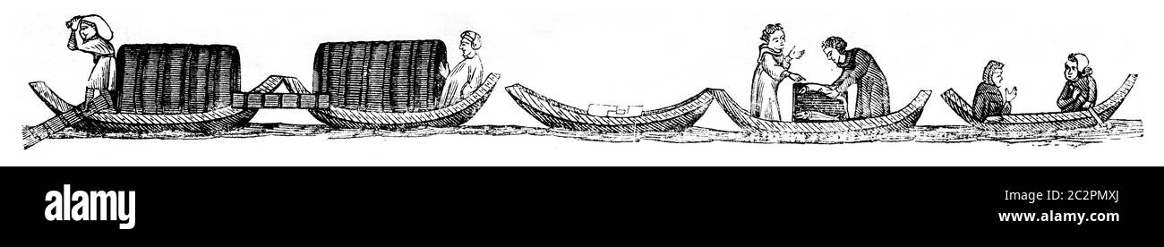 Barche di grano, Fishmonger acqua dolce, Boatman passer, vintage illustrazione incisa. Magasin Pittoresque 1846. Foto Stock