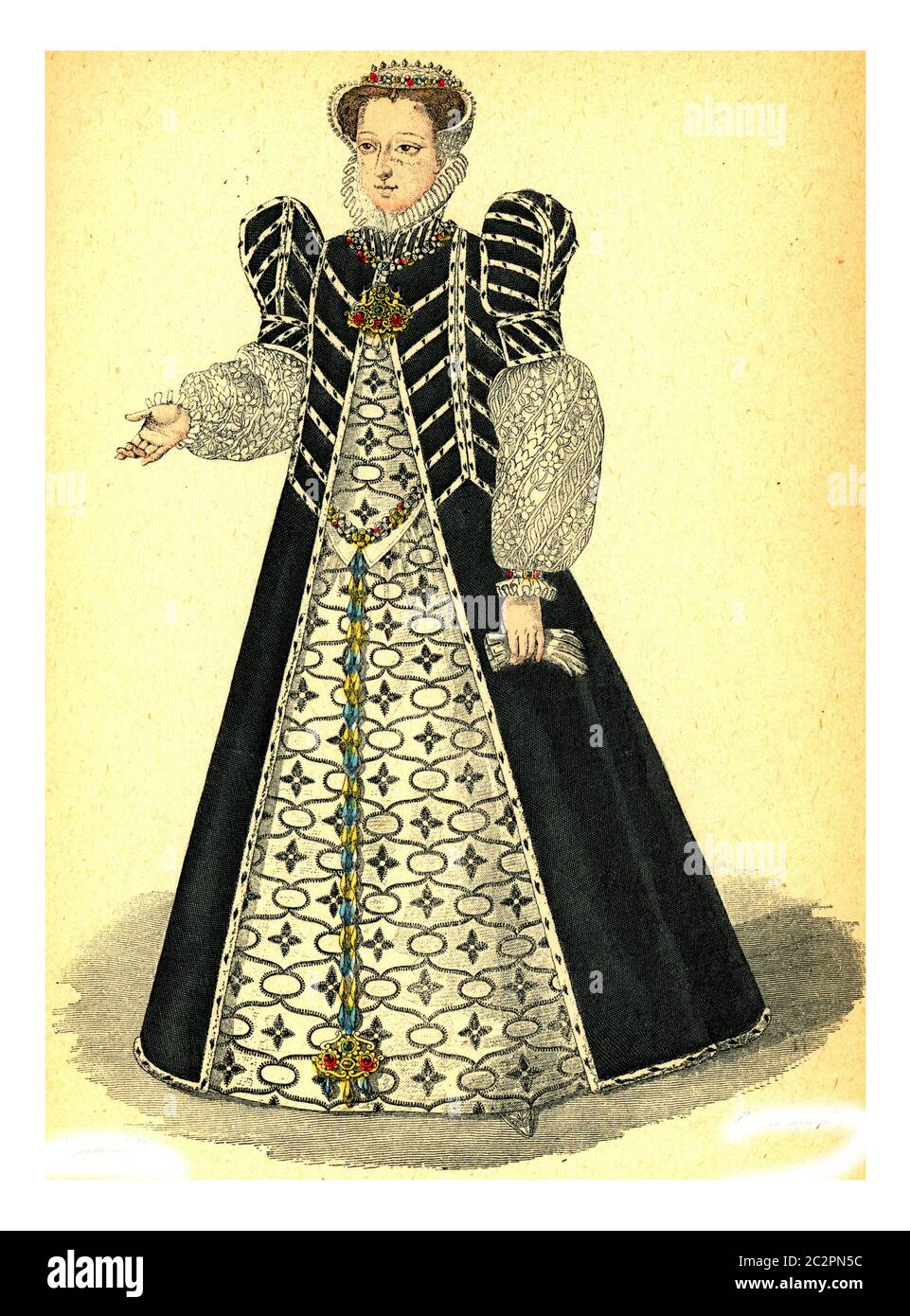 Catherine de Medicis, illustrazione d'epoca incisa. Moda 12 ° al 18 ° secolo da immagine. Foto Stock