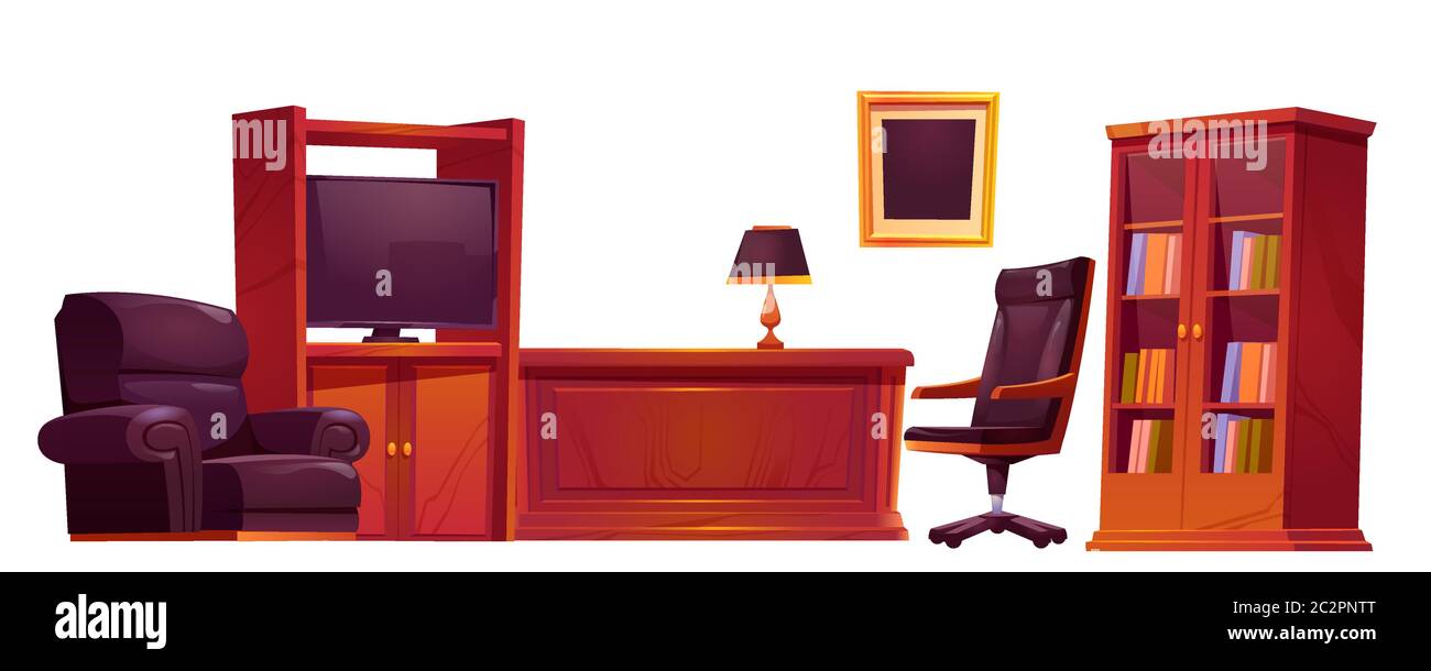 Ufficio di lusso in vecchio stile antico. Tavolo in legno massiccio, poltrona e sedia in pelle, lampada, tv, libreria con libri, immagine su parete isolata su sfondo bianco, illustrazione vettoriale Cartoon Illustrazione Vettoriale