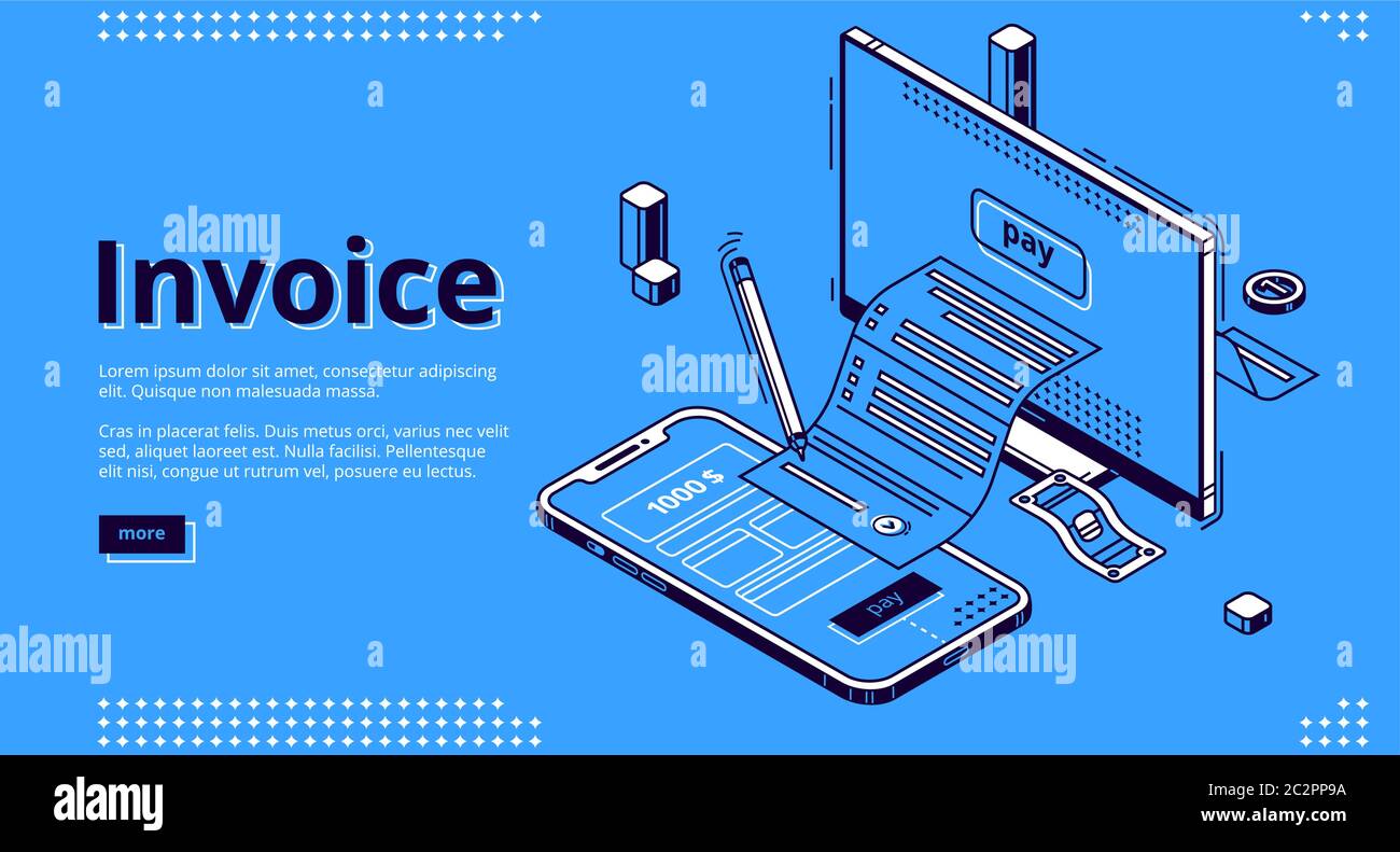 Pagina di destinazione isometrica della fattura. Grande fattura per il pagamento di tasse o servizi che esce dallo schermo del computer desktop. Shopping, banking, contabilità Paycheck, smart Technologies 3D vettoriale line art banner web Illustrazione Vettoriale