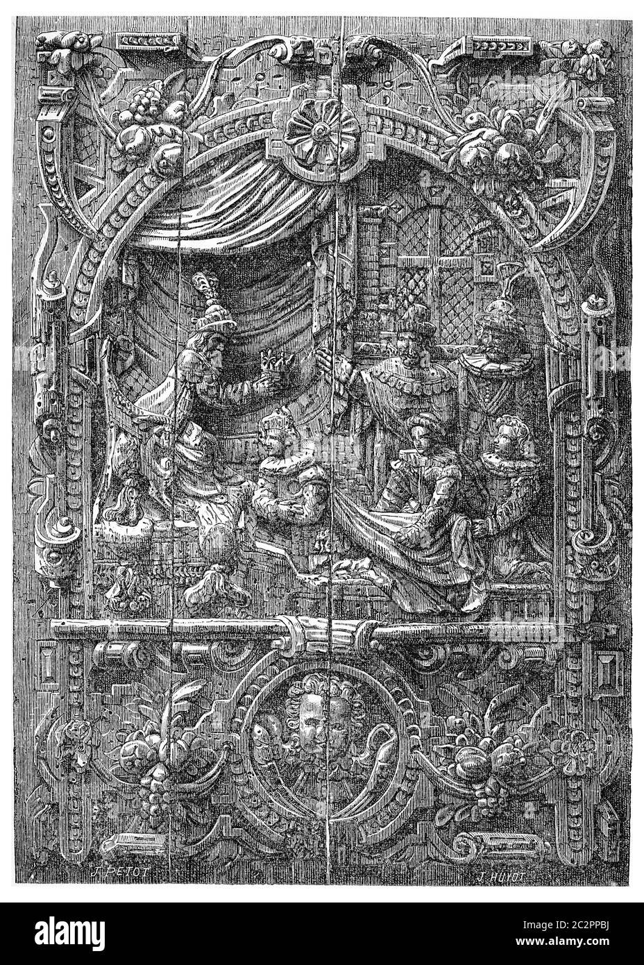 Bassorilievo di un petto francese del XVI secolo. Incoronazione di Enrico d'Angiò, re di Polonia, nella chiesa di San Stanislao a Cracovia, vintage e. Foto Stock