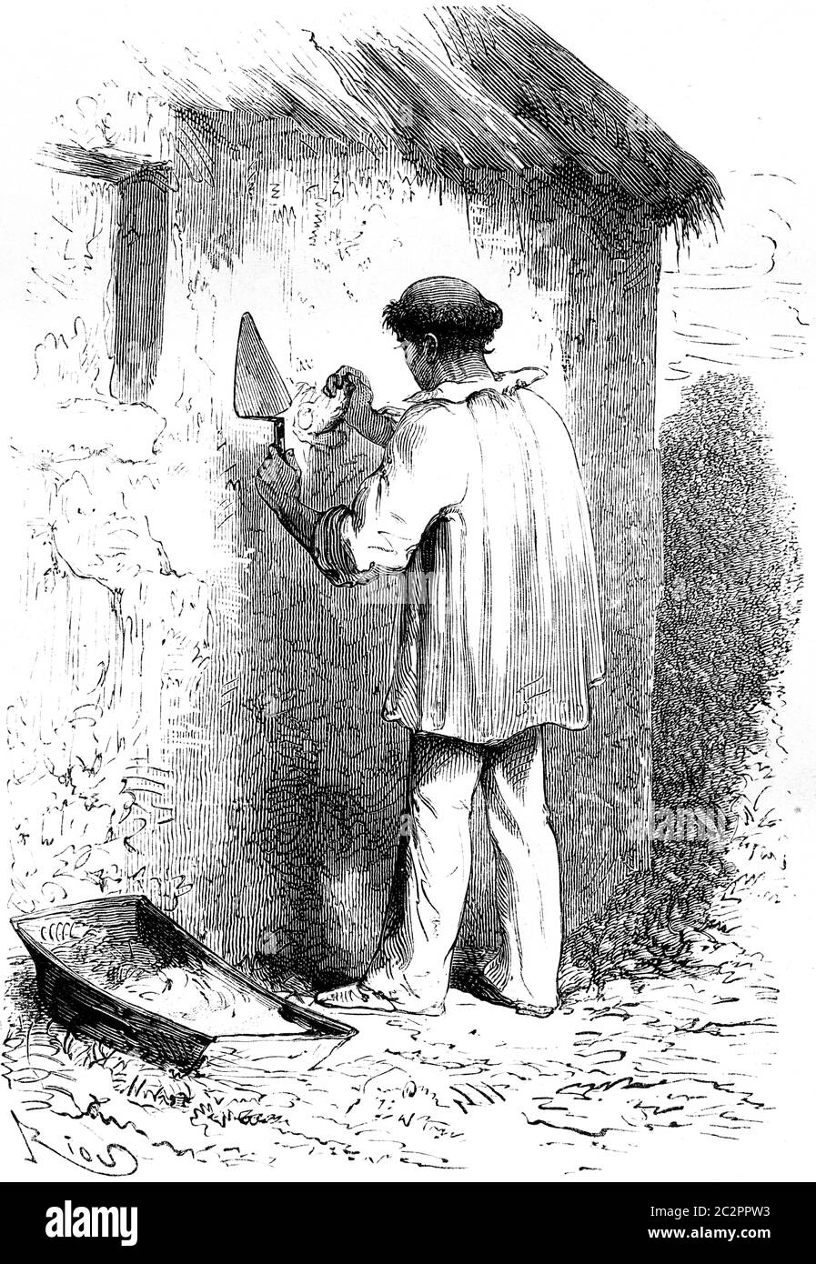 Missionario e muratore, illustrazione d'epoca incisa. Le Tour du Monde, Travel Journal, (1865). Foto Stock