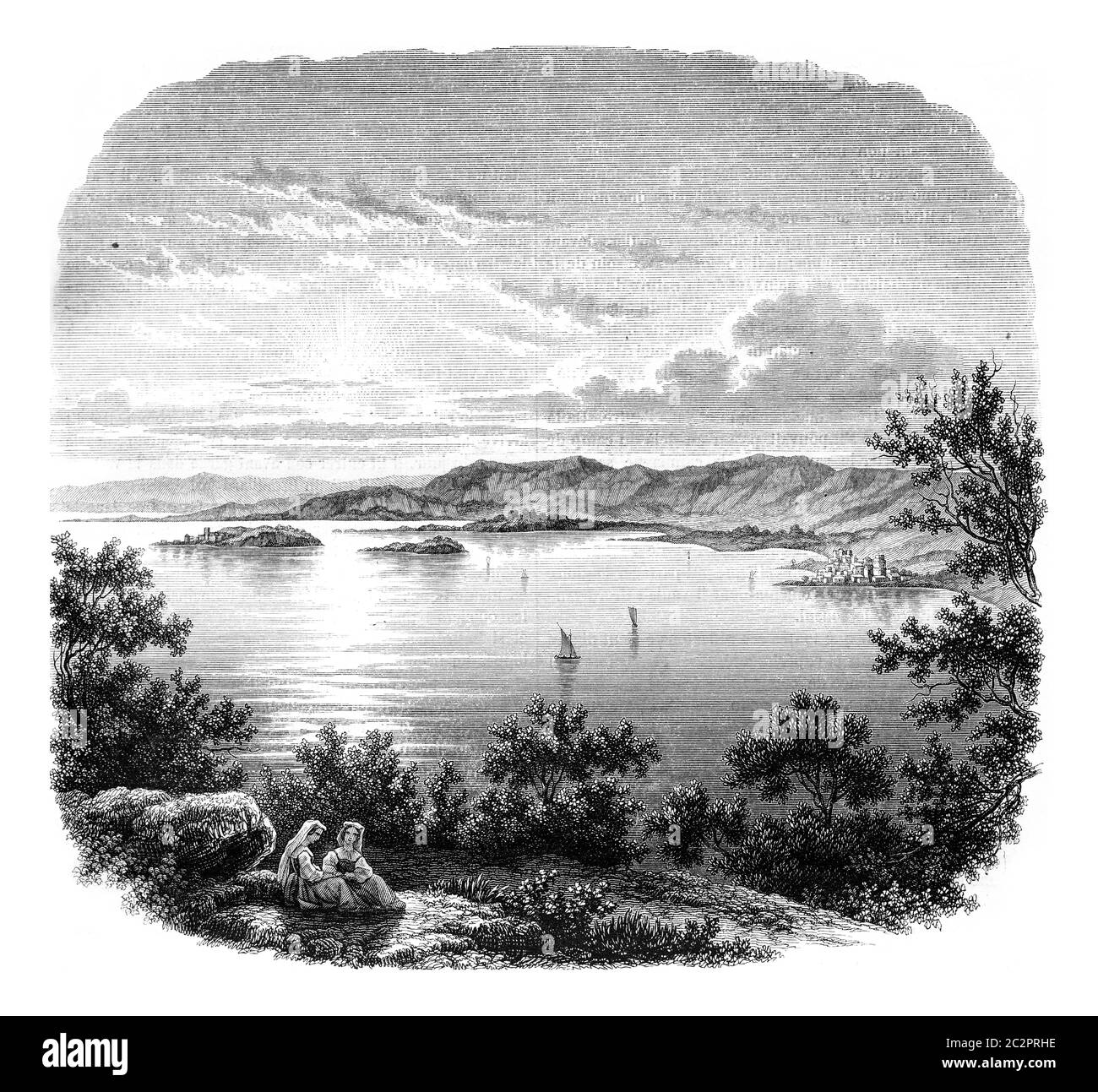 Vista sul Lago Trasimeno, a 12 km da Perugia, immagine d'epoca incisa. Magasin Pittoresque 1847. Foto Stock