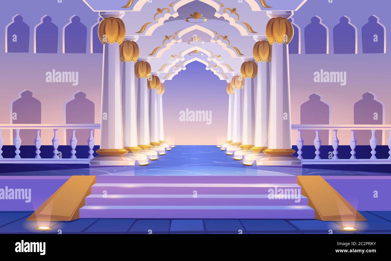 Corridoio del castello con scala, colonne e archi. Ingresso del palazzo con colonne e illuminazione. Architettura medievale, sala da ballo vuota, interno della sala. Illustrazione vettoriale cartoon Illustrazione Vettoriale