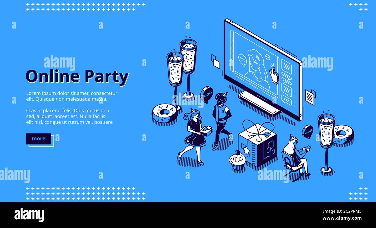 Banner party online. Incontro virtuale con gli amici, festa di compleanno via Internet. Pagina di destinazione vettoriale con persone felici isometriche, schermo del computer con chiamata, champagne e torte Illustrazione Vettoriale