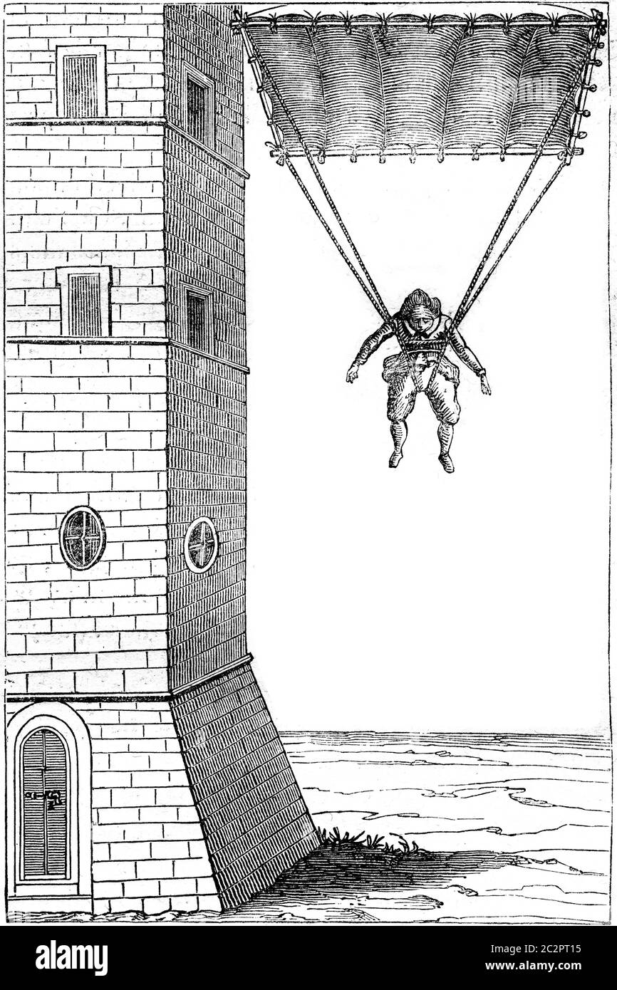 Paracadute, illustrazione vintage incisa. Magasin Pittoresque 1847. Foto Stock