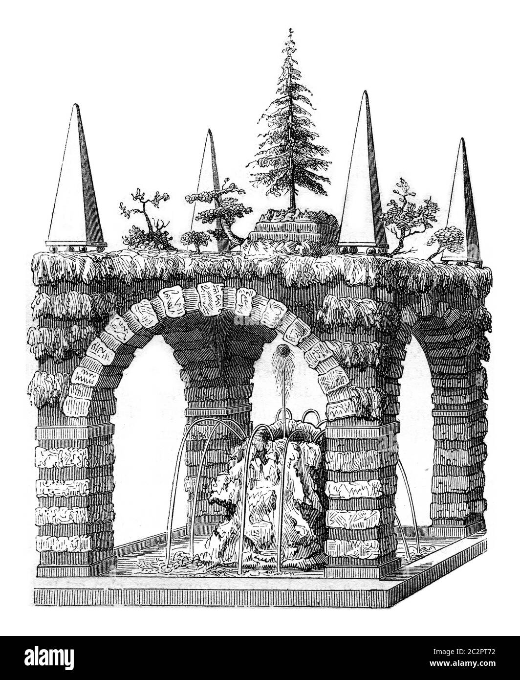 Una fontana rustica, dopo un progetto Salomon de Caus, annata illustrazione incisa. Magasin Pittoresque 1847. Foto Stock