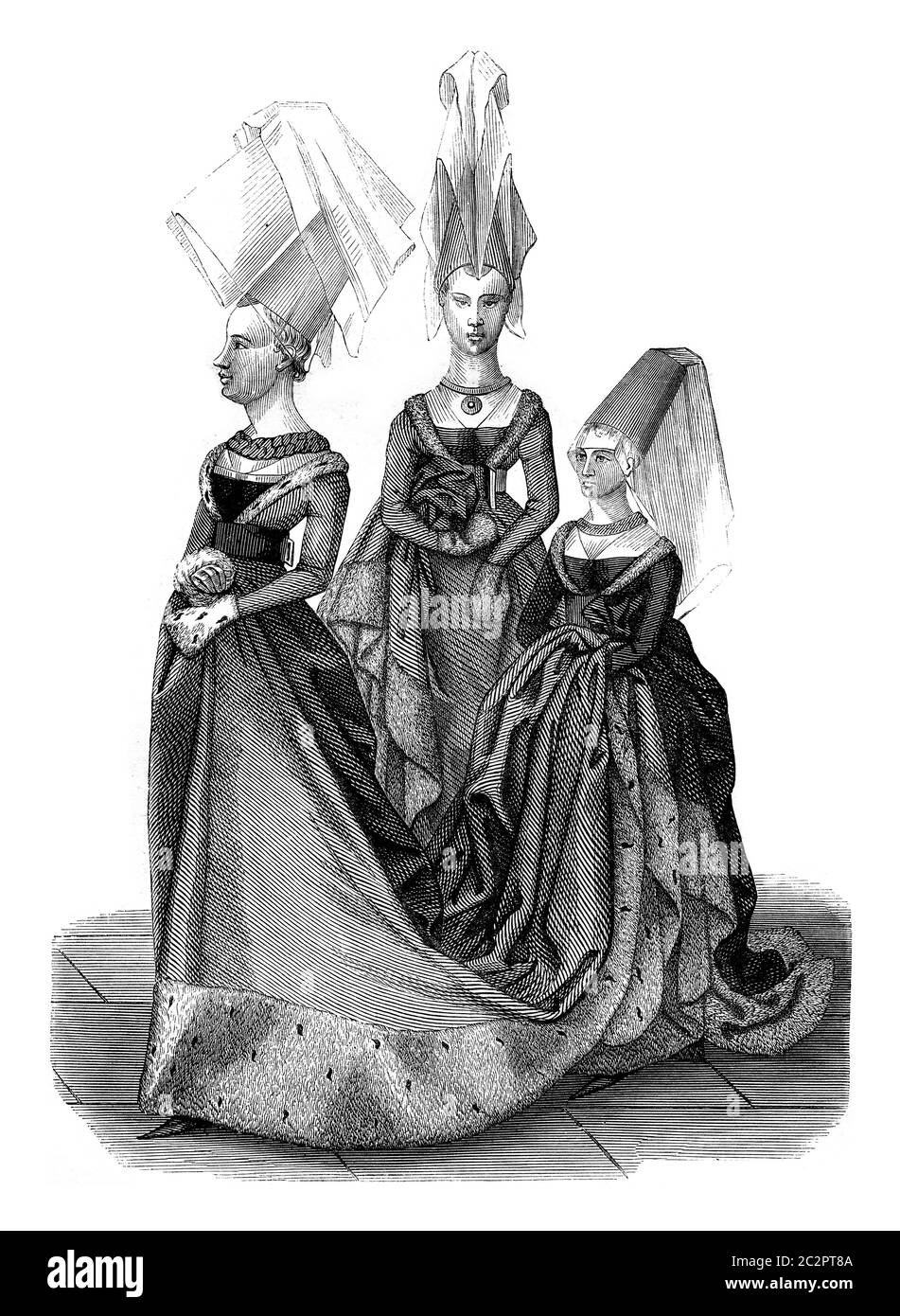 XV secolo, costumi nel regno di Carlo VII, Principessa con le sue Signore d'onore, illustrazione d'annata incisa. Magasin Pittoresque 1847. Foto Stock