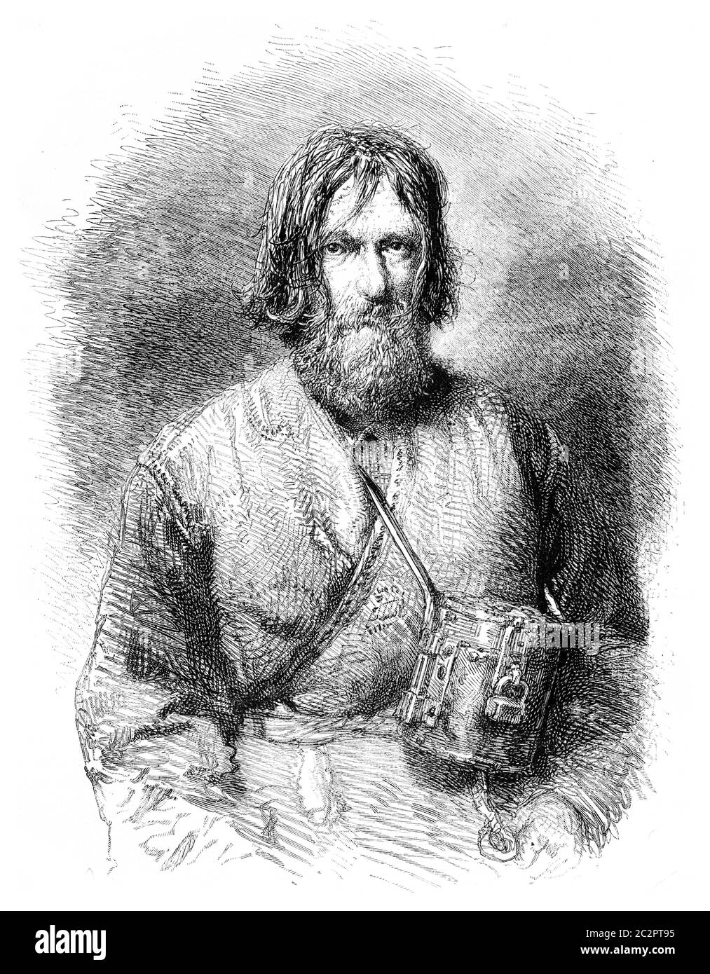 Pellegrino mendicante, immagine d'epoca incisa. Le Tour du Monde, Travel Journal, (1872). Foto Stock