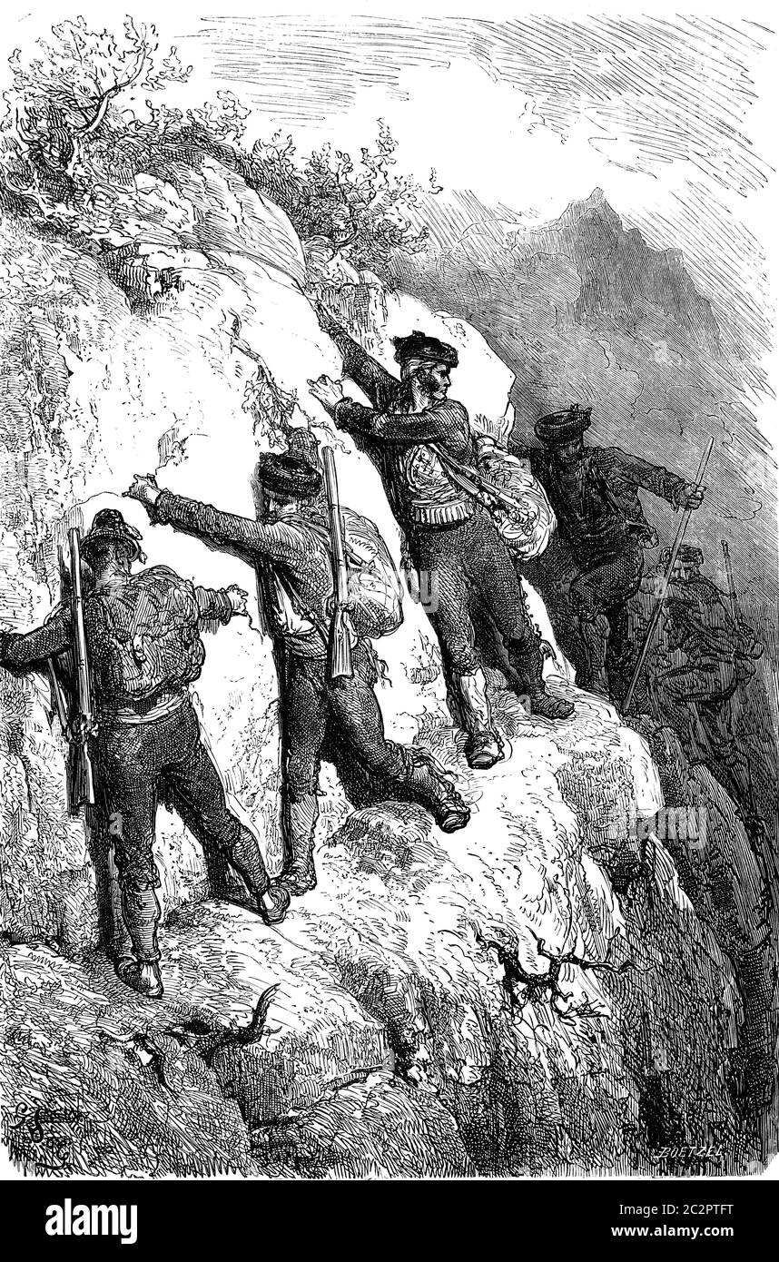 Smuggler della Serrania de Ronda, illustrazione d'epoca incisa. Le Tour du Monde, Travel Journal, (1865). Foto Stock