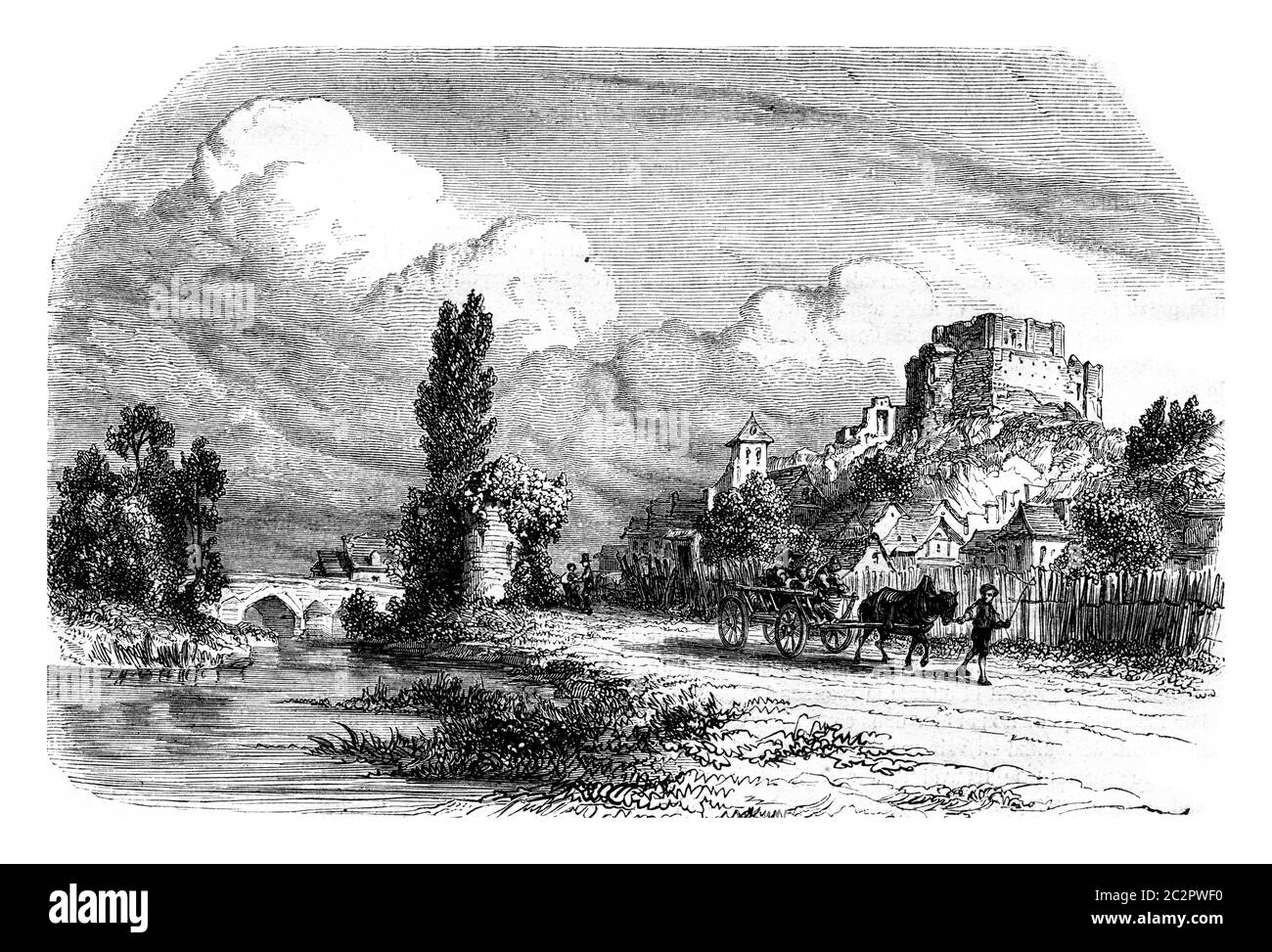 Vista di Montrichard, Loir et Cher, illustrazione d'epoca incisa. Magasin Pittoresque 1852. Foto Stock