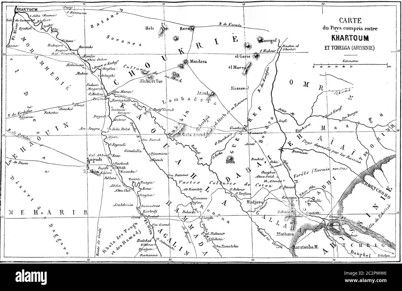 Mappa del Paese tra Khartoum e Tchelga, illustrazione d'epoca incisa. Le Tour du Monde, Travel Journal, (1865). Foto Stock
