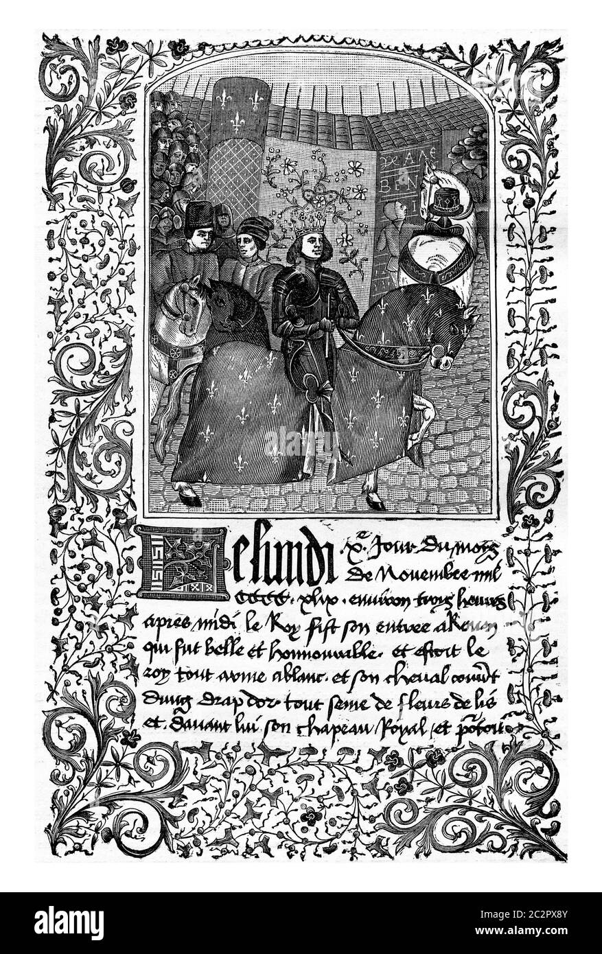 Ingresso di Carlo VII a Rouen (1450). Miniatura di un manoscritto del XV secolo, illustrazione d'epoca incisa. Enciclopedia industriale E.- Foto Stock