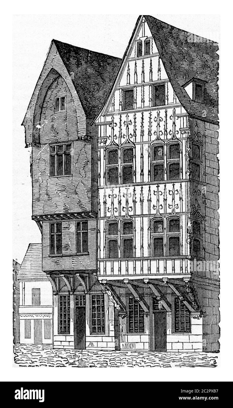 Case di legno, un Reims, illustrazione d'epoca incisa. Enciclopedia industriale E.-O. Lami - 1875. Foto Stock