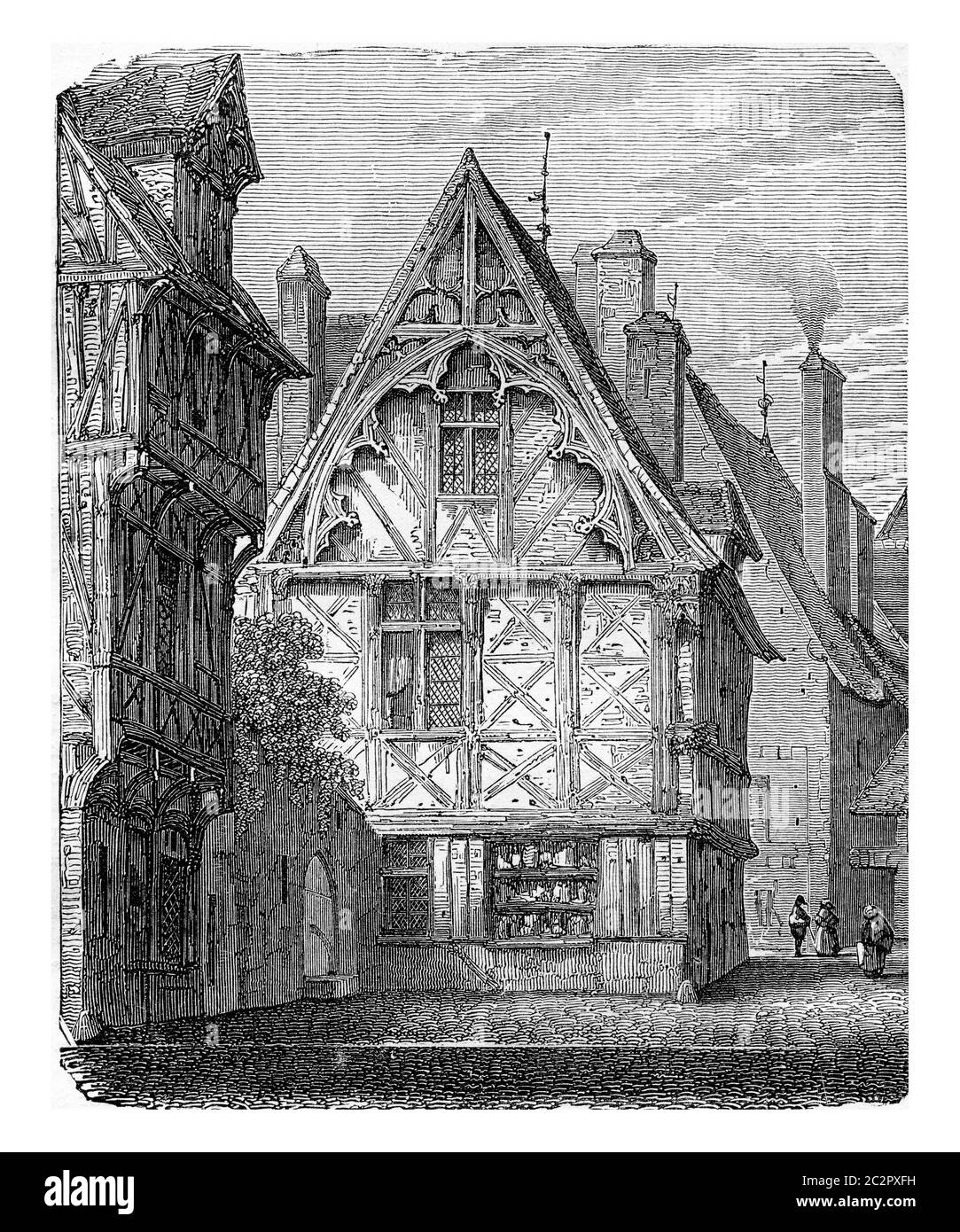 Case di legno della Normandia, illustrazione d'annata incisa. Enciclopedia industriale E.-O. Lami - 1875. Foto Stock