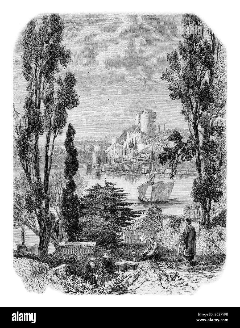 Bosforo, i Castelli d'Europa, visto dal lato asiatico, immagine d'epoca incisa. Magasin Pittoresque 1857. Foto Stock