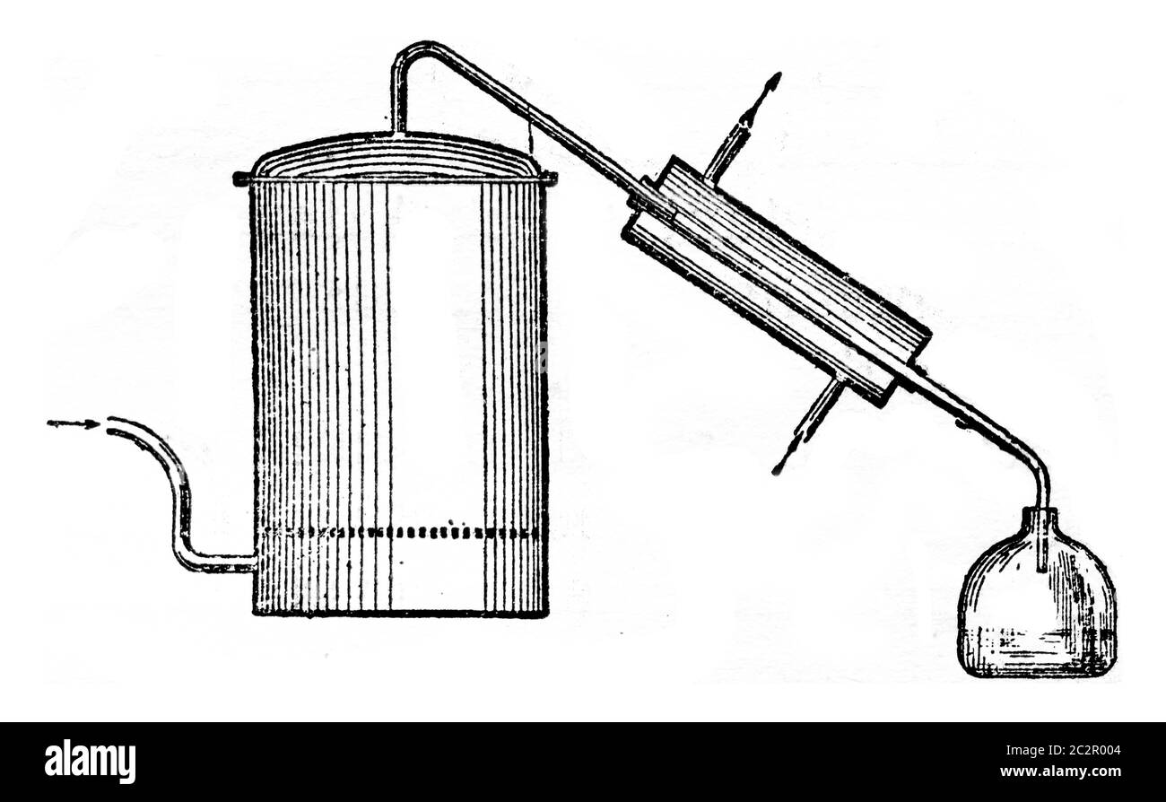 Estrazione dell'olio essenziale del luppolo, illustrazione d'annata incisa. Enciclopedia industriale E.-O. Lami - 1875. Foto Stock