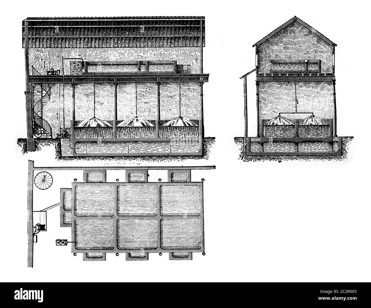 Pianta, sezione e elevazione di un impianto elettrico di candeggina, illustrazione d'annata incisa. Enciclopedia industriale E.-O. Lami - 1875. Foto Stock