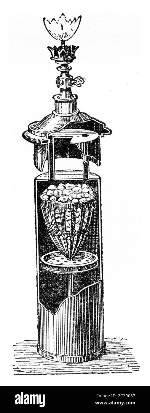 Lampada in acetilene, illustrazione vintage incisa. Enciclopedia industriale E.-O. Lami - 1875. Foto Stock