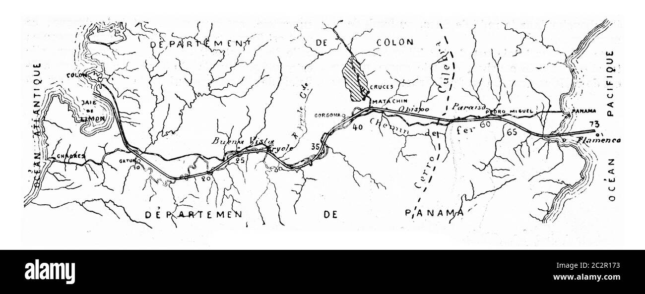 Mappa del canale di Panama, illustrazione d'epoca incisa. Enciclopedia industriale E.-O. Lami - 1875. Foto Stock