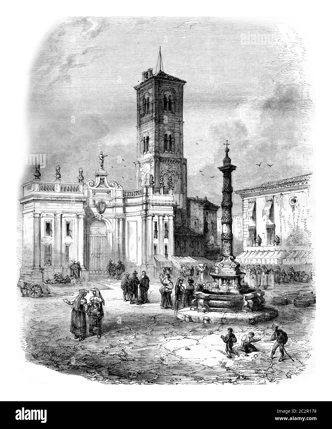 Una fontana in Capua, illustrazione d'epoca incisa. Magasin Pittoresque 1861. Foto Stock