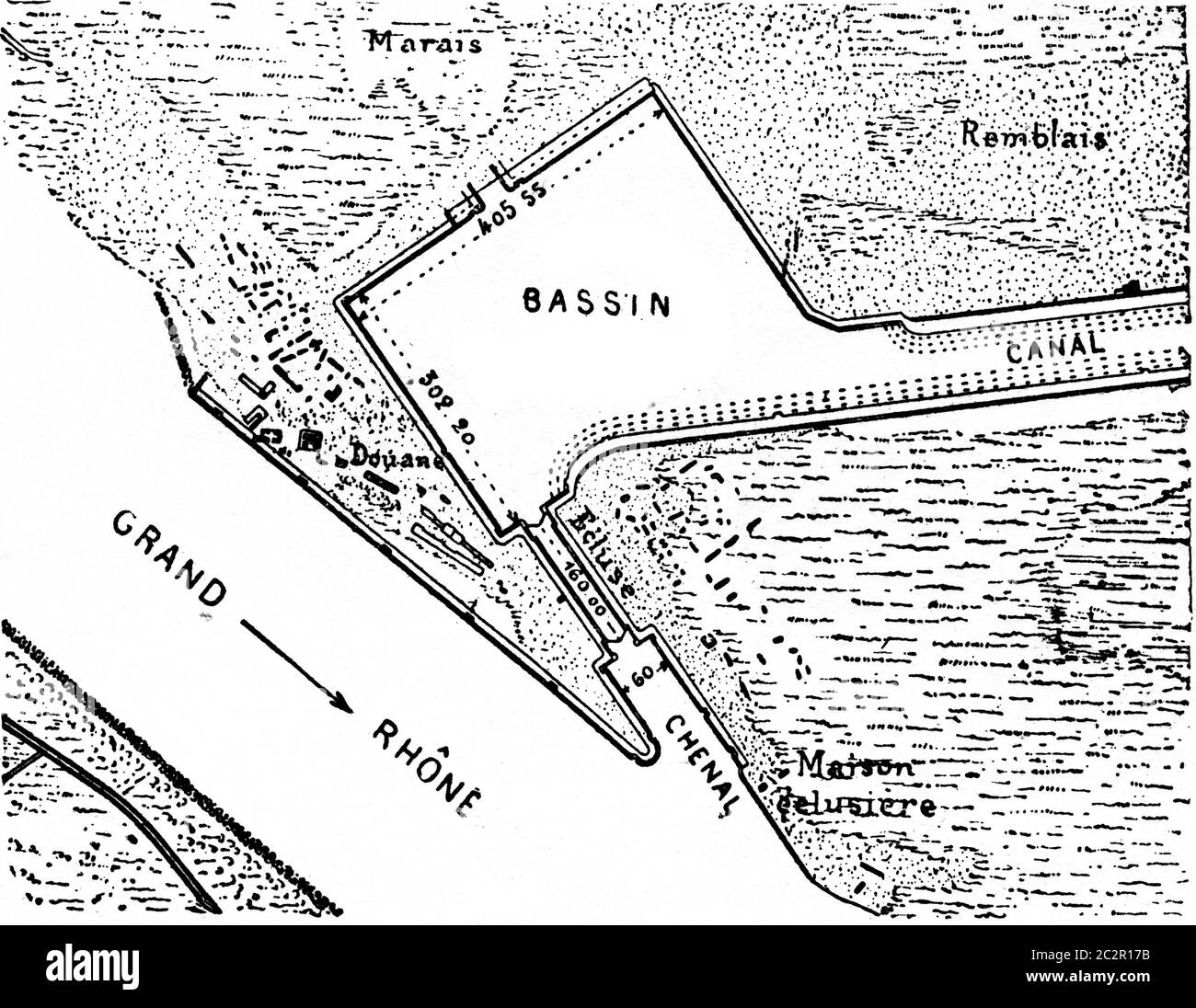 Entrata del fango e evoluzione del bacino del canale di St. Louis, illustrazione d'epoca incisa. Enciclopedia industriale E.-O. Lami - 1875. Foto Stock
