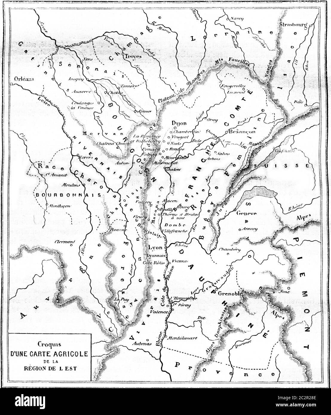 Su una mappa agricola della zona da est, l'illustrazione d'epoca incisa. Magasin Pittoresque 1861. Foto Stock